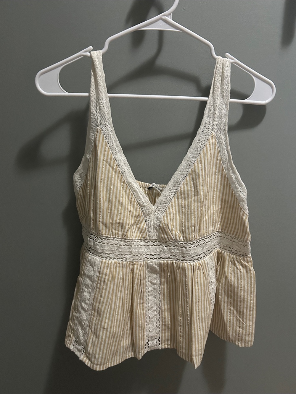 American Eagle Outfitters Cream and White Striped Lace Trim Tank Top